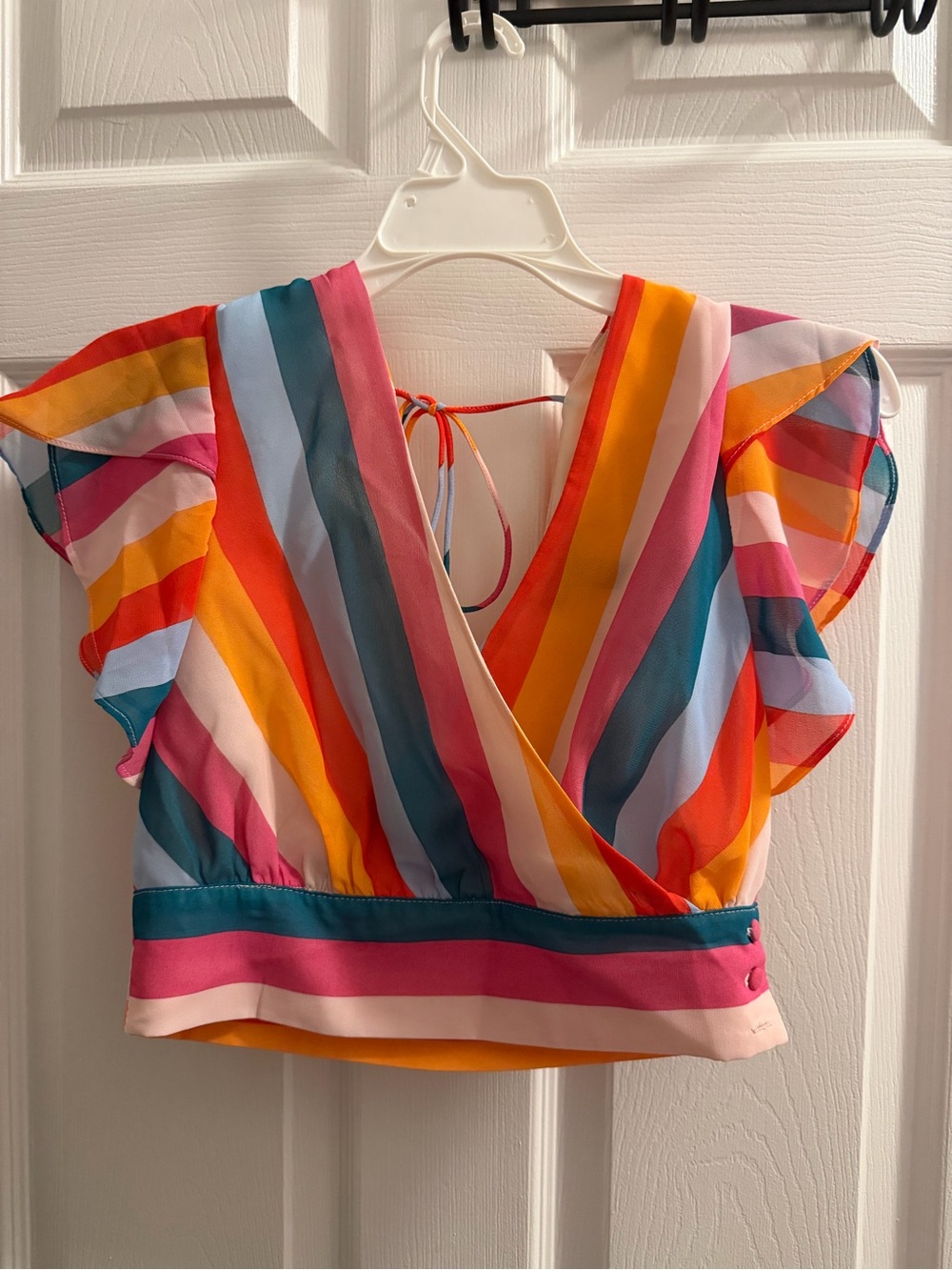 Multi-Stripe Flutter Sleeve V-Neck Crop Top